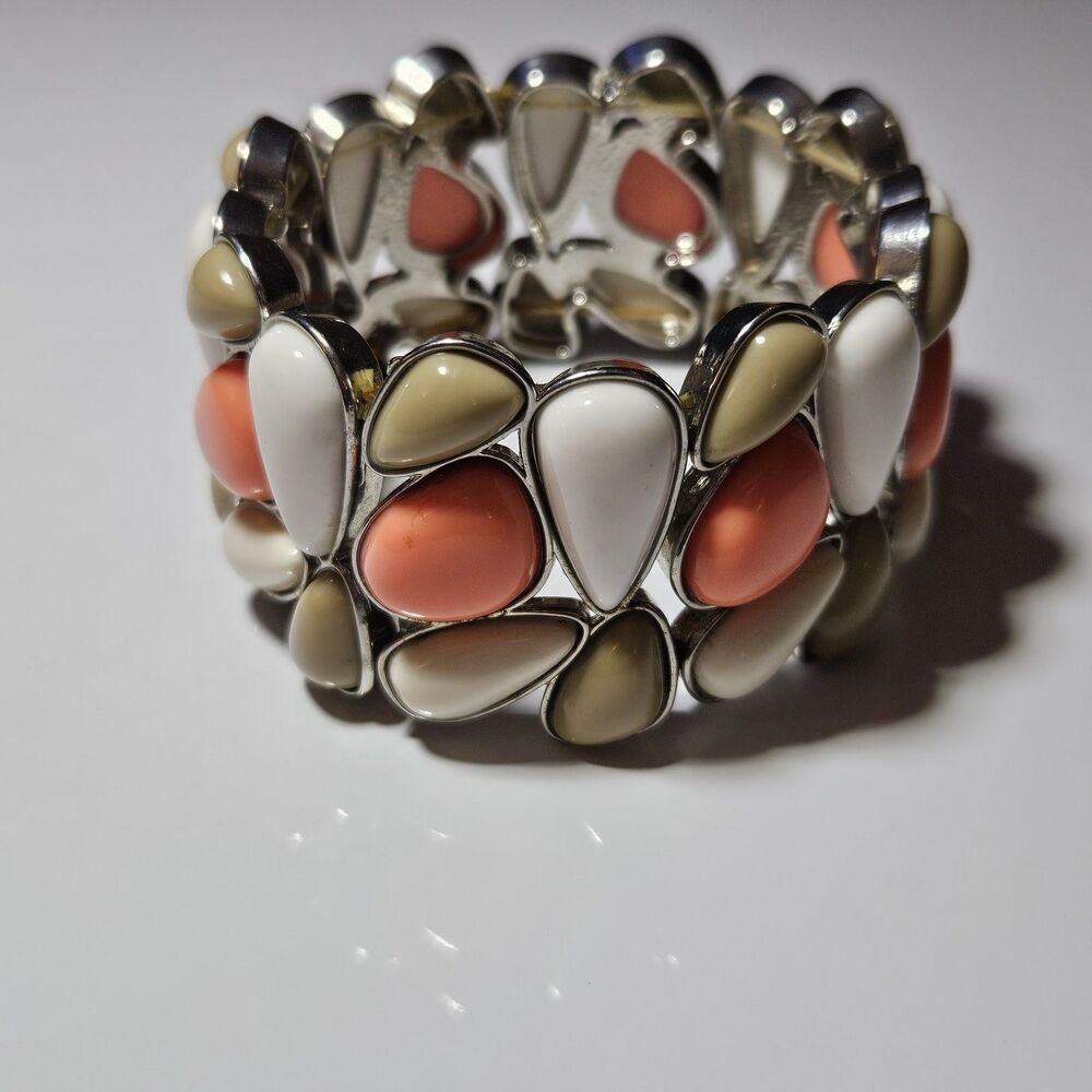 Silver Tone Chunky Pink Tan White Bead Stretch Bracelet 7.5" - Picture 11 of 12